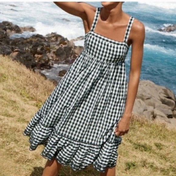 J. Crew Black and White Ruffled Gingham Criss Cross Midi Dress Size 10 - Picture 3 of 17